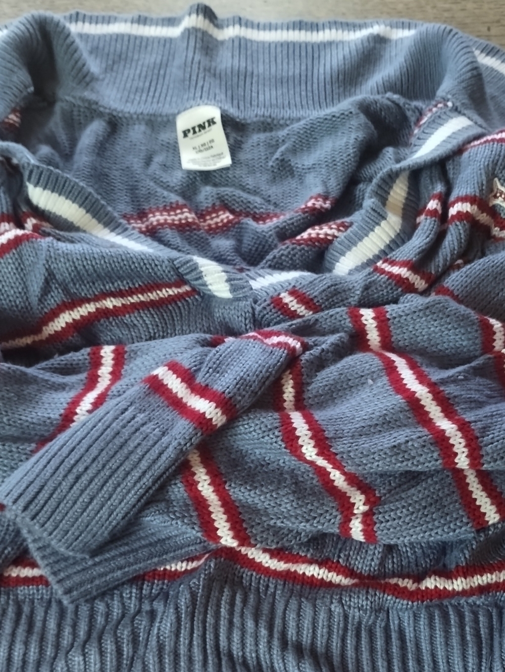 PINK Victoria's Secret Women's Gray Crewneck Sweater with Red and White Stripes